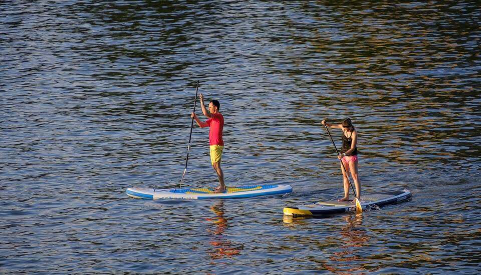 homme et femme qui font du stand-up paddle sur l'eau